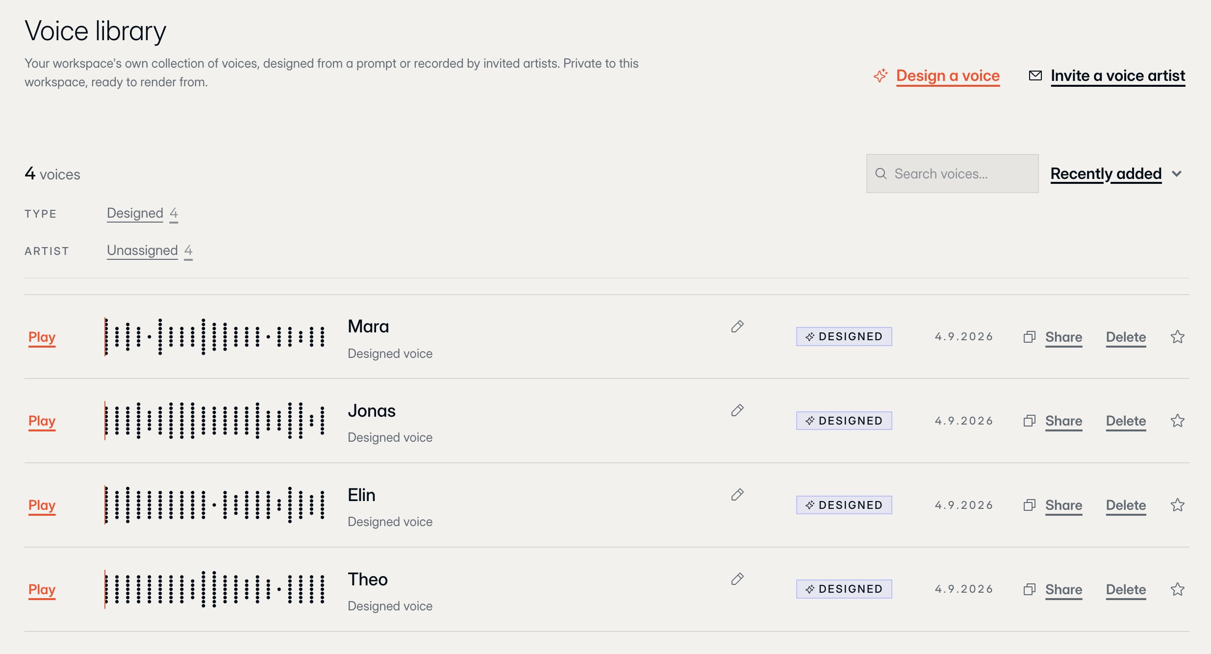 A workspace of SONA voices with recorded artists and designed voices
